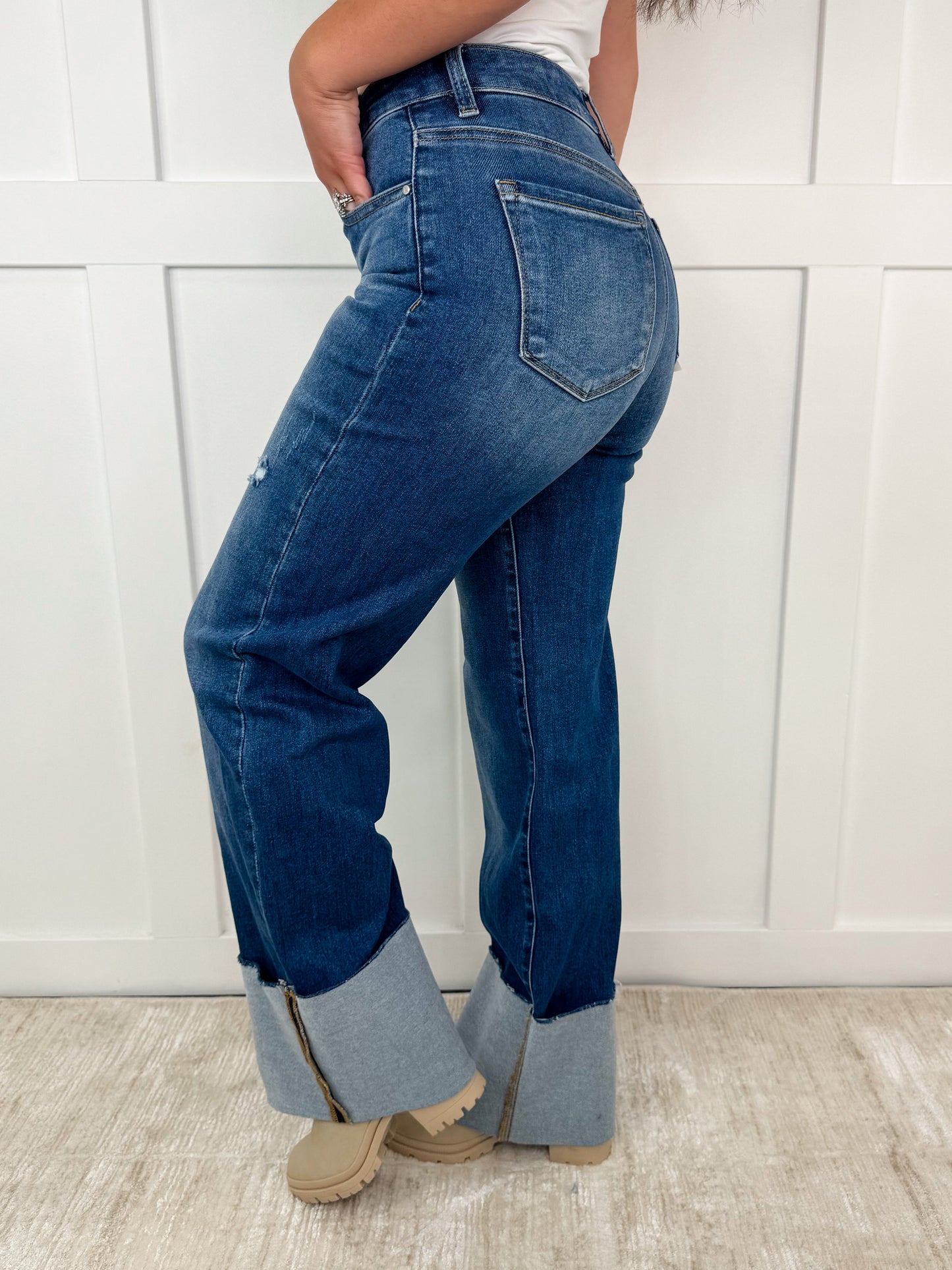 Jean large taille haute bleu foncé effet vieilli Risen April