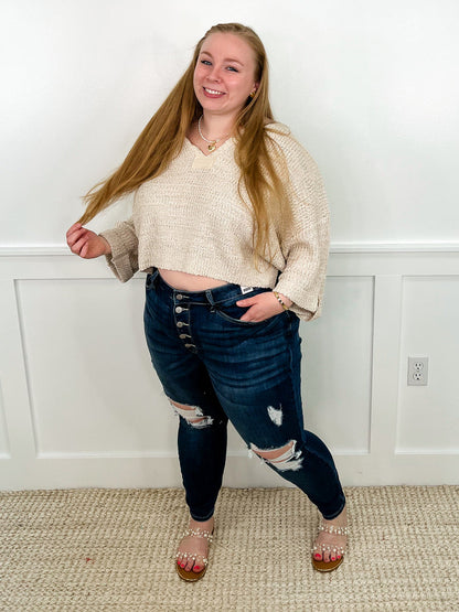 Judy Blue Emerson Distressed High-Rise Button Fly Skinny Dark Wash Jeans