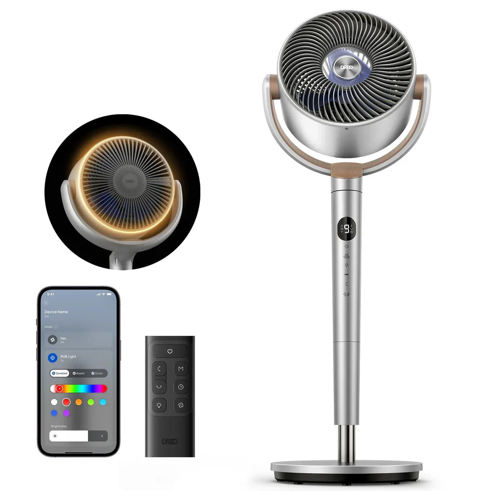 20dB Quiet Smart Pedestal Fan with Remote, Wide Oscillation, 9 Speeds, RGB Light & Adjustable Height