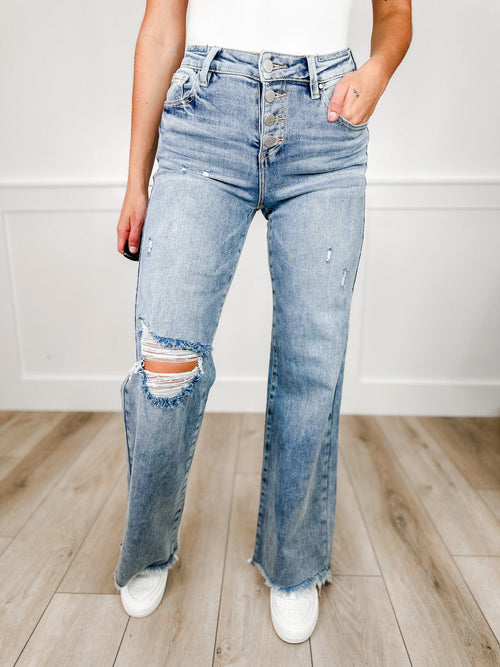 Jean Kenzie taille haute et jambe large de Risen - Délavé moyen (Braguette boutonnée, Ourlet effiloché, Détruit)