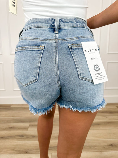 Short en jean taille haute Risen Hollis - Délavé (Ourlet effiloché, Non vieilli, Écusson floral)