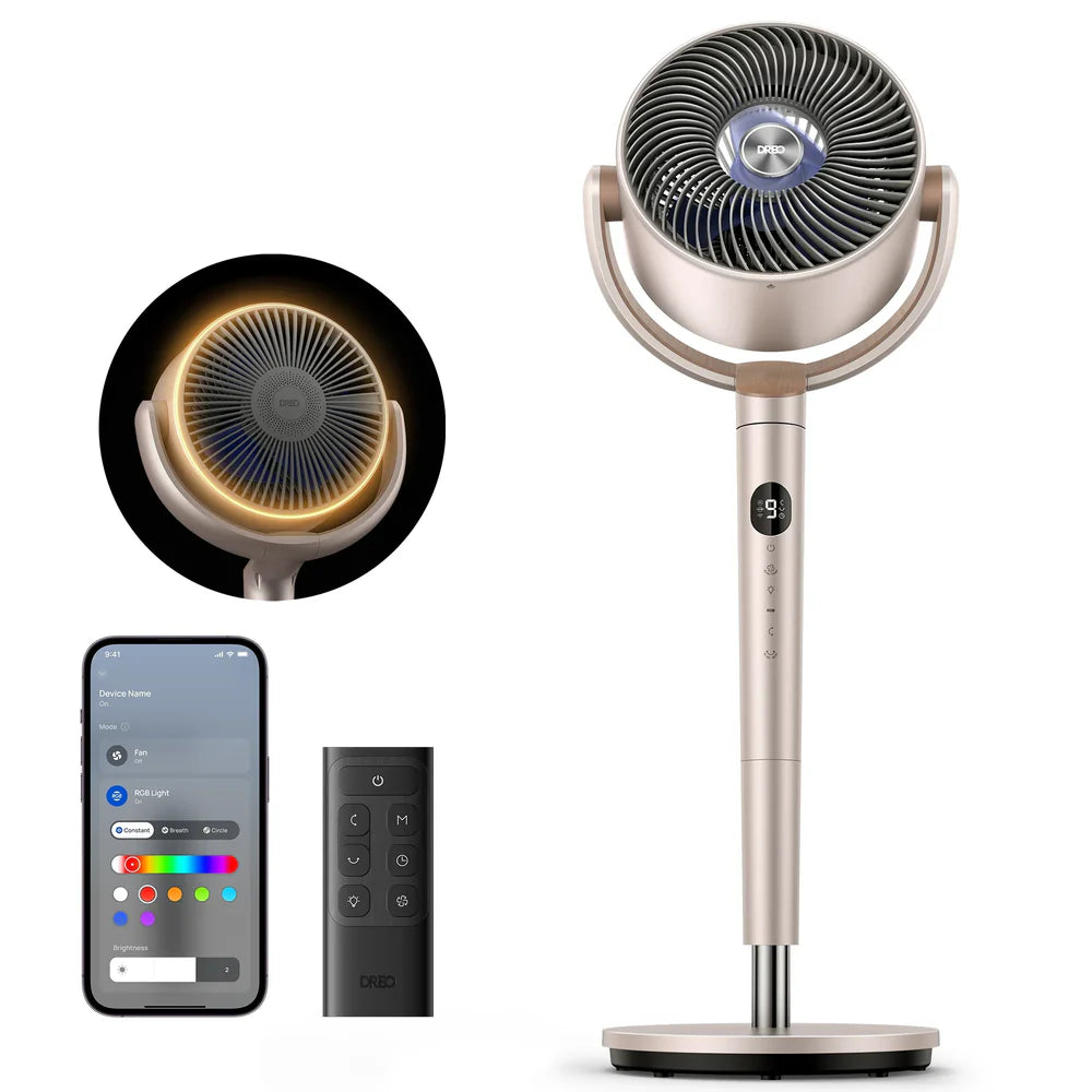 20dB Quiet Smart Pedestal Fan with Remote, Wide Oscillation, 9 Speeds, RGB Light & Adjustable Height