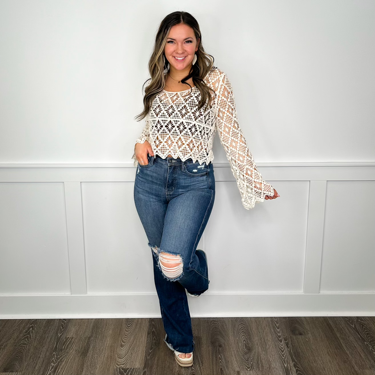 Judy Blue Ellie Tummy Control Distressed High-Rise Raw Hem Flare Dark Wash Jeans