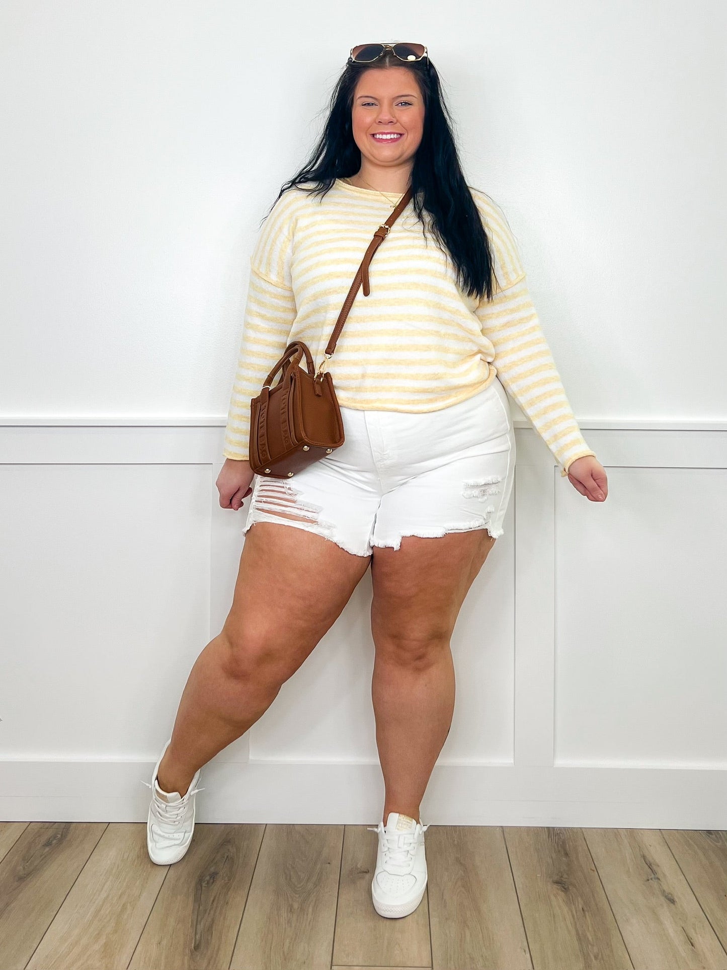 Judy Blue Amber High-Rise Denim Shorts – White (Rigid Magic, Distressed)