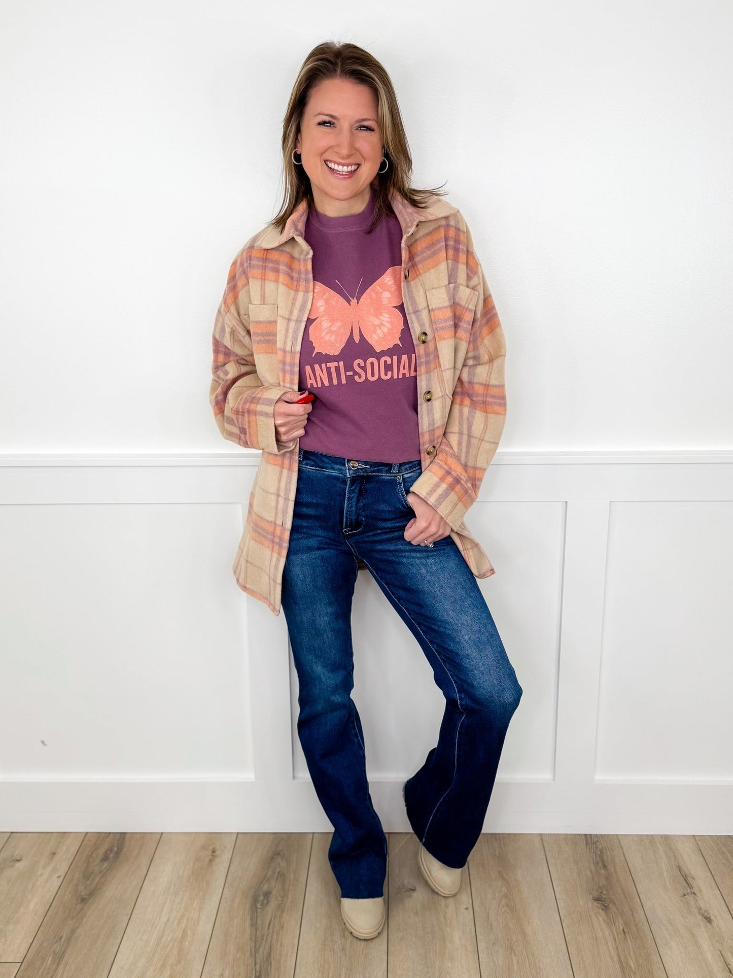 Jeans bleu foncé bootcut taille haute double bouton à ourlet brut effet ventre plat Risen Selena