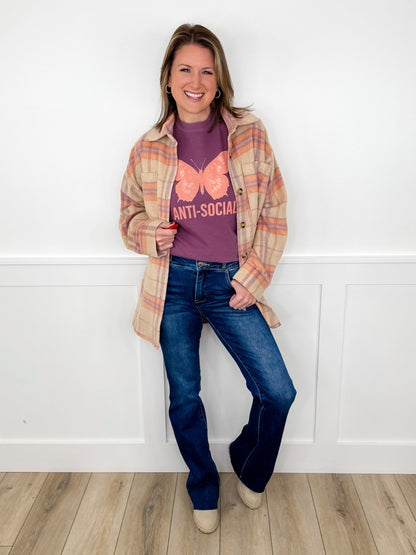 Jeans bleu foncé bootcut taille haute double bouton à ourlet brut effet ventre plat Risen Selena