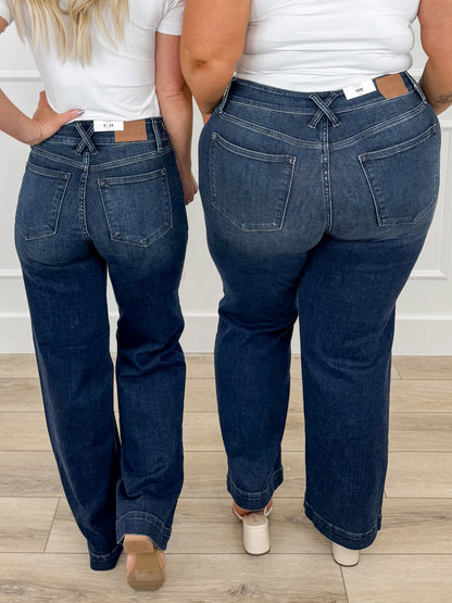 Judy Blue Maisie High-Rise Wide Leg Jeans - Dark Wash (Double Button, Non-Distressed)
