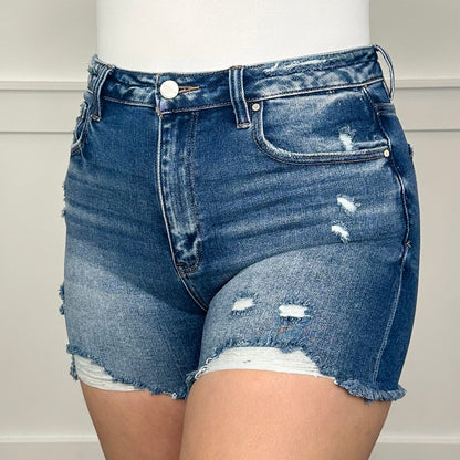 Shorts bleus délavés à taille haute, ourlet effiloché, Risen Marina