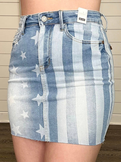 Judy Blue Celia High-Rise Medium Wash Flag Print Skirt