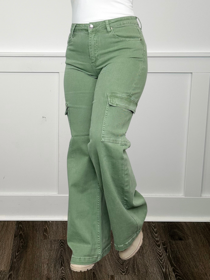Jeans cargo larges taille haute Risen Beverly couleur sauge