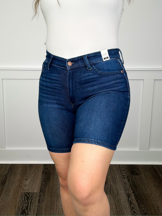 Judy Blue Shelby High-Rise Dark Wash Bermuda Shorts