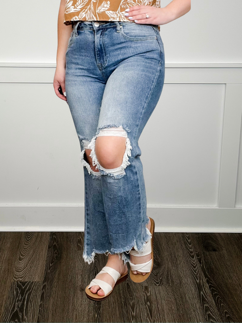 Jeans coupe droite courte taille haute Risen Kristi - Délavage moyen (effet vieilli)