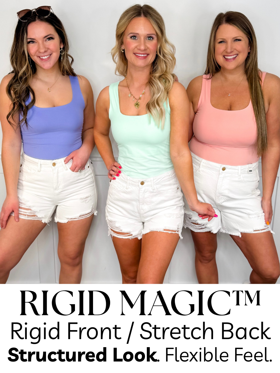 Judy Blue Amber High-Rise Denim Shorts – White (Rigid Magic, Distressed)