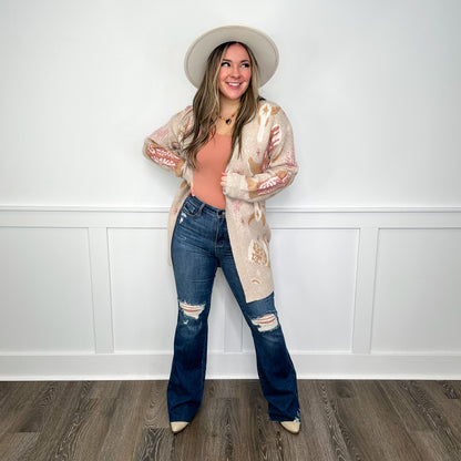 Judy Blue Ellie Tummy Control Distressed High-Rise Raw Hem Flare Dark Wash Jeans