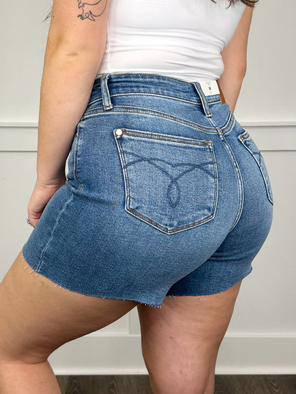 Judy Blue Zoey High-Rise Denim Shorts - Medium Wash (Raw Hem, Non-Distressed)