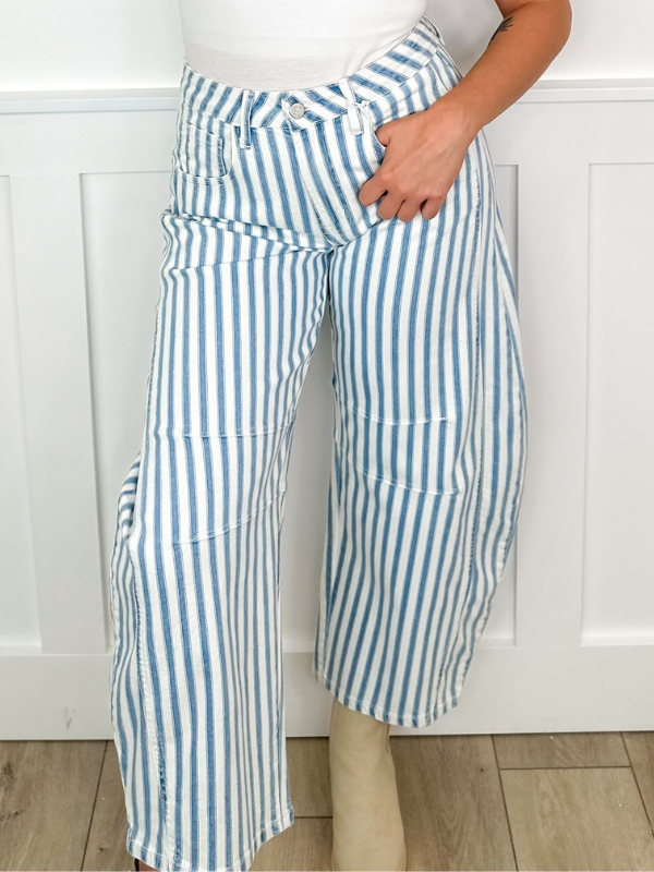 Jeans Sarina Avery Mae à Jambes Évasées et Rayures Taille Haute - Blanc (Non Usé)