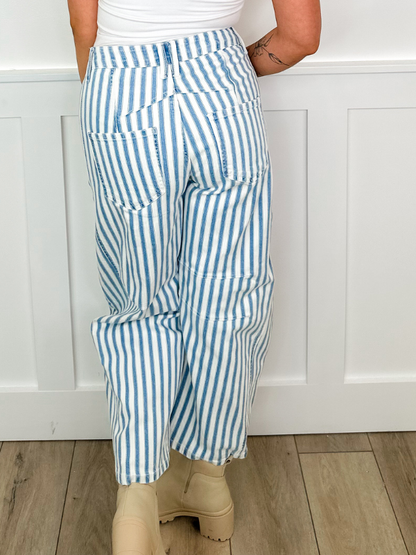 Jeans Sarina Avery Mae à Jambes Évasées et Rayures Taille Haute - Blanc (Non Usé)