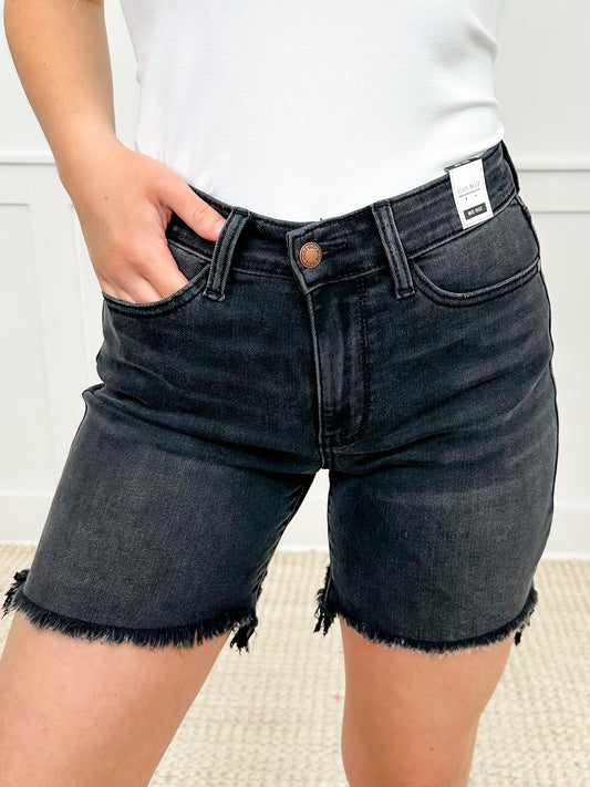 Judy Blue Aly High-Rise Adjustable Double Button Frayed Hem Black Dad Shorts