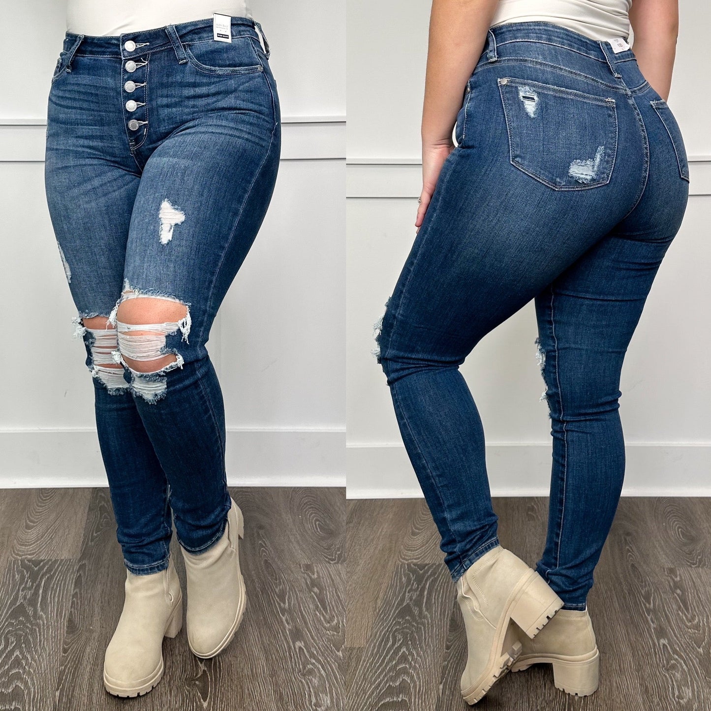 Judy Blue Emerson Distressed High-Rise Button Fly Skinny Dark Wash Jeans