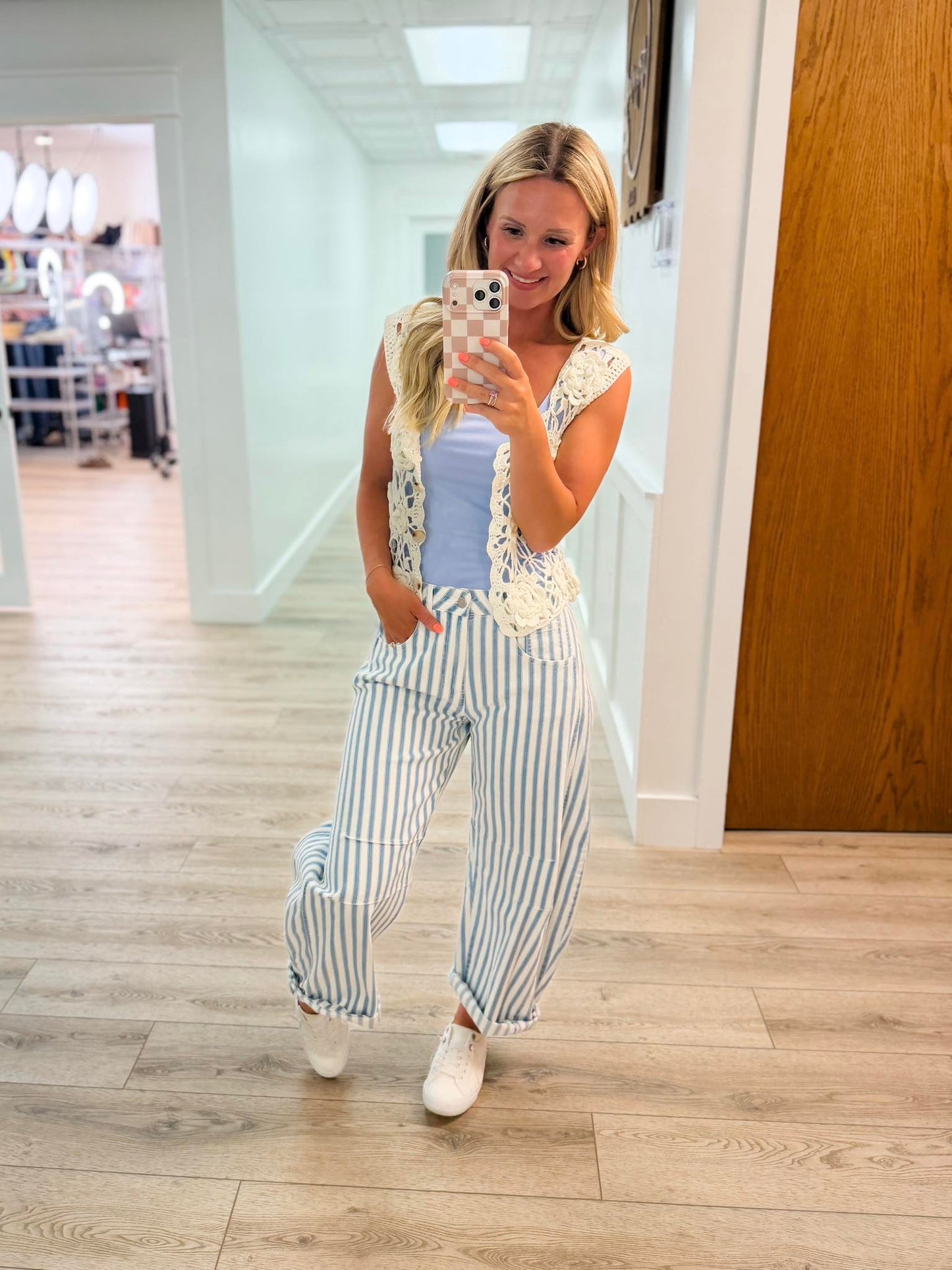 Jeans Sarina Avery Mae à Jambes Évasées et Rayures Taille Haute - Blanc (Non Usé)