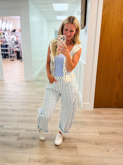 Jeans Sarina Avery Mae à Jambes Évasées et Rayures Taille Haute - Blanc (Non Usé)