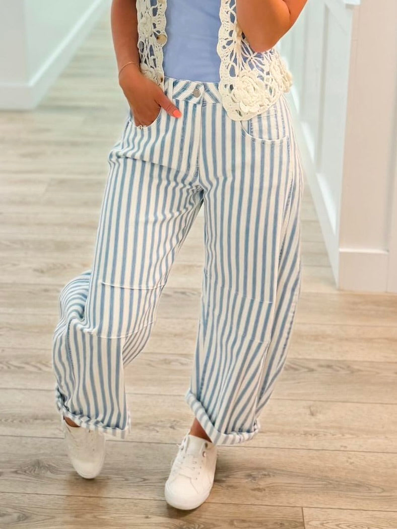 Jeans Sarina Avery Mae à Jambes Évasées et Rayures Taille Haute - Blanc (Non Usé)