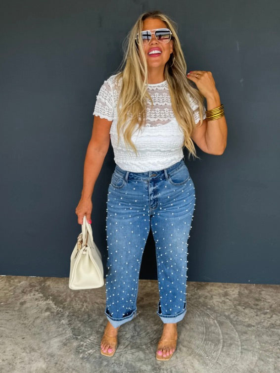 Jean Paige coupe droite taille haute délavage moyen bleu perlé