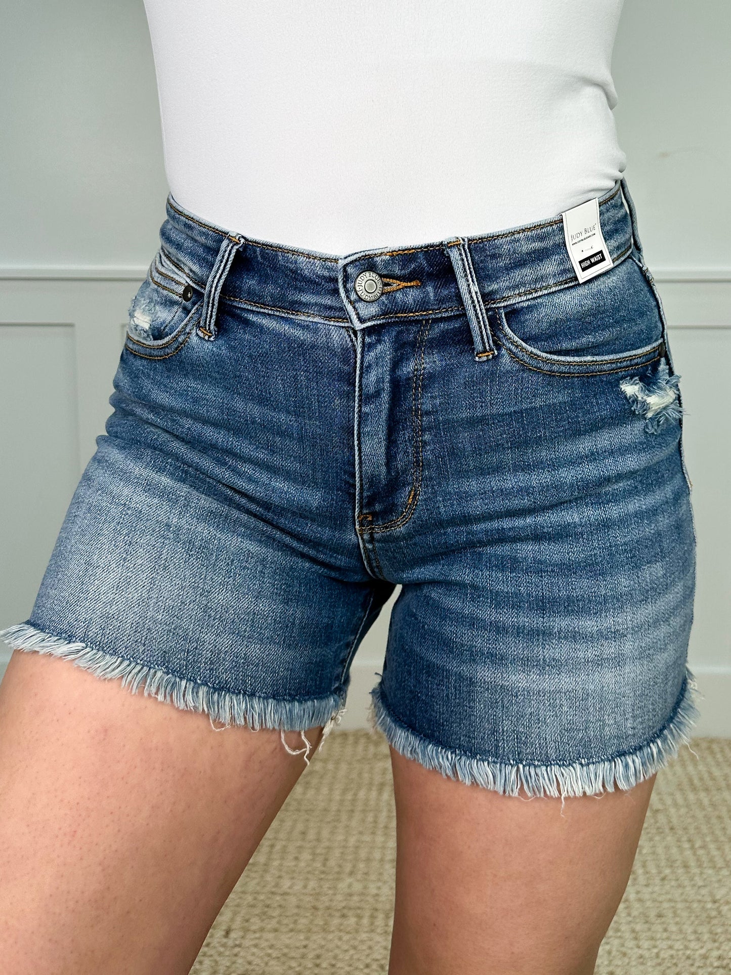Judy Blue Gabby Distressed High-Rise Fray Hem Medium Wash Shorts