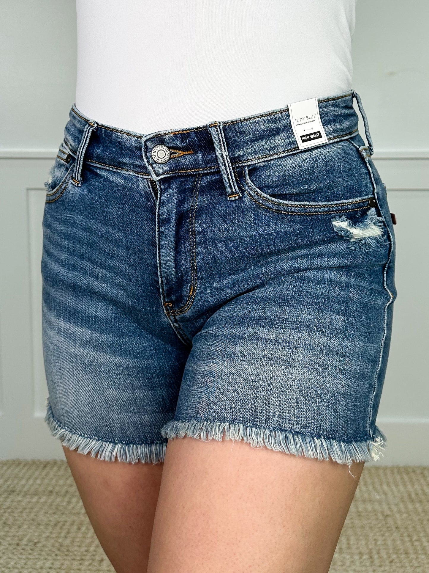 Judy Blue Gabby Distressed High-Rise Fray Hem Medium Wash Shorts