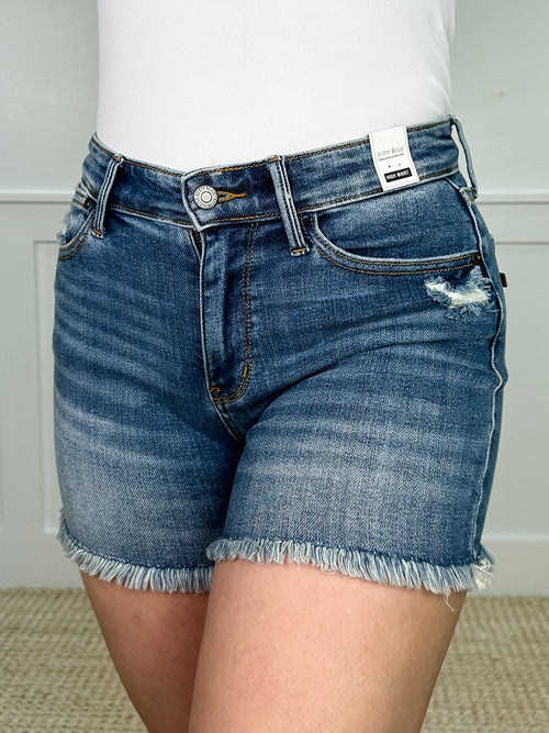 Judy Blue Gabby Distressed High-Rise Fray Hem Medium Wash Shorts