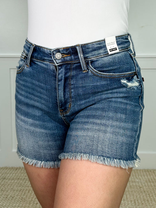 Judy Blue Gabby Distressed High-Rise Fray Hem Medium Wash Shorts
