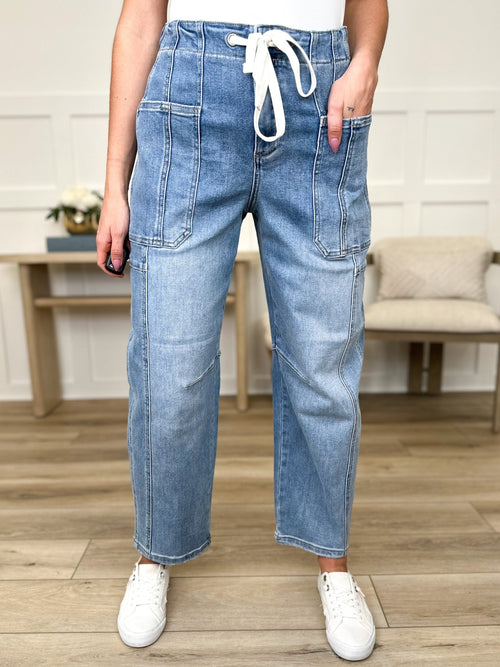Jeans bleu clair court coupe barrel taille haute Risen Jessie