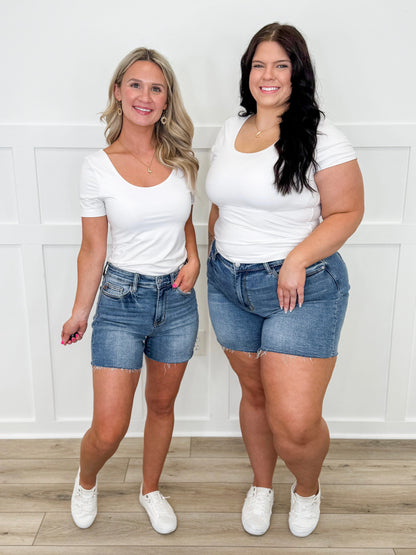 Judy Blue Zoey High-Rise Denim Shorts - Medium Wash (Raw Hem, Non-Distressed)