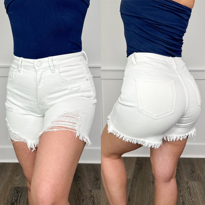 Shorts blancs taille haute à ourlet effiloché, effet vieilli, contrôle du ventre, Risen Daisy