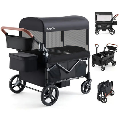 2-Seat Foldable Wagon Stroller for Kids with UPF 50+ Canopy, Mosquito Net & All-Terrain Wheels