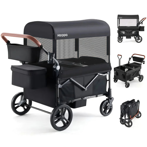 2-Seat Foldable Wagon Stroller for Kids with UPF 50+ Canopy, Mosquito Net & All-Terrain Wheels