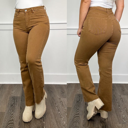 Jeans droits taille haute bruts marron Risen Belle