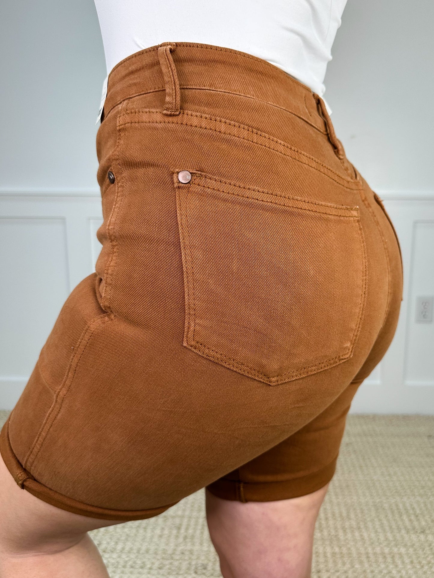 Judy Blue Tess Tummy Control Bermuda Denim Shorts - Brown (Non-Distressed)