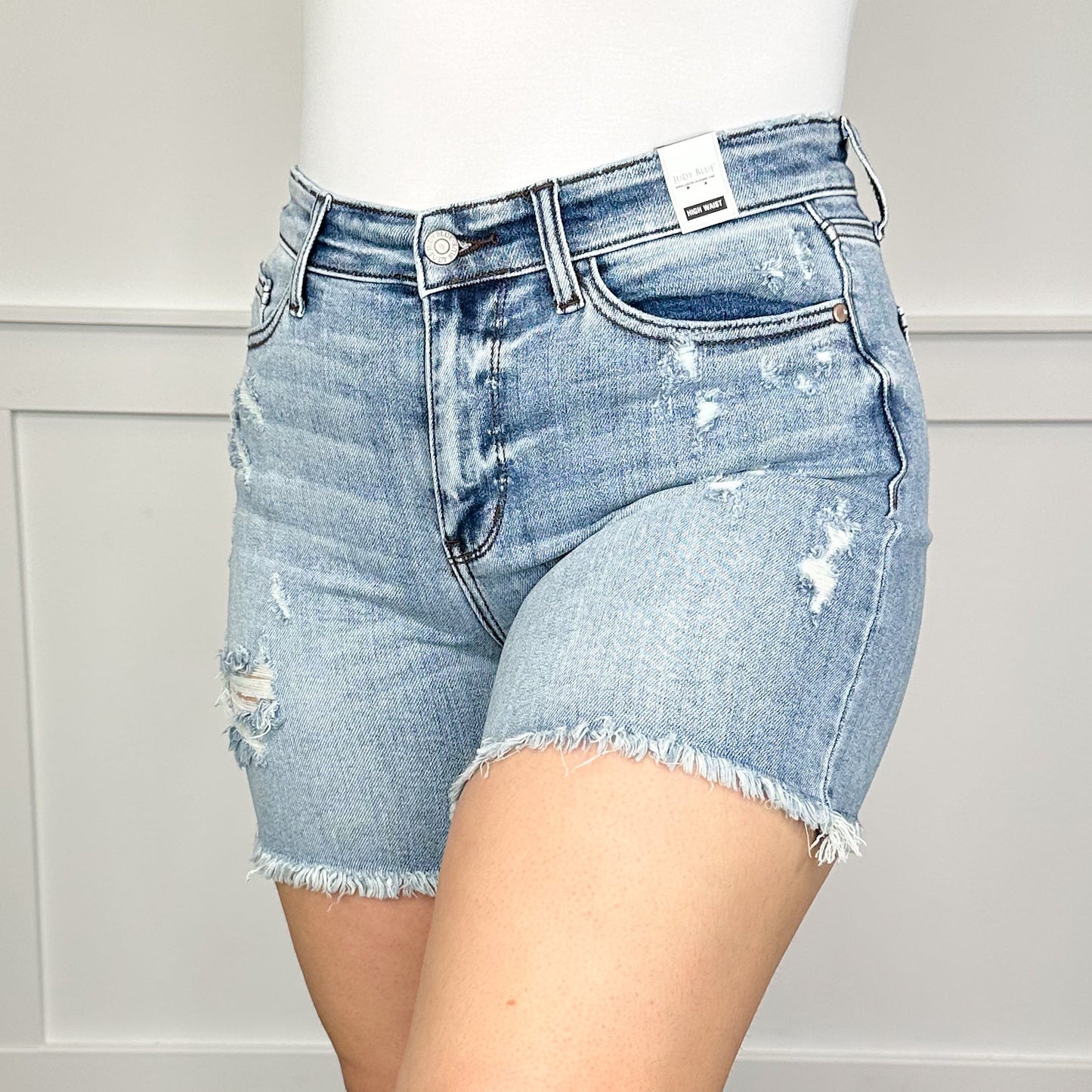 Judy Blue Karsyn Distressed High-Rise Fray Hem Medium Wash Shorts