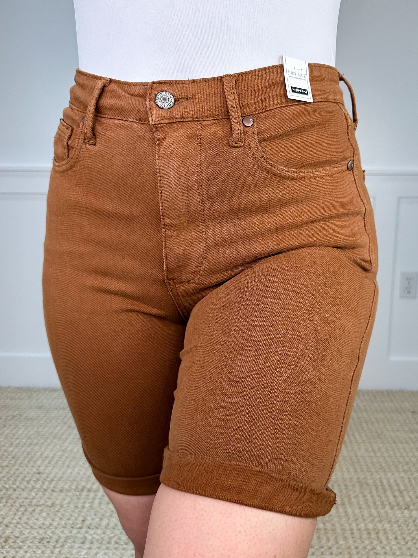 Judy Blue Tess Tummy Control Bermuda Denim Shorts - Brown (Non-Distressed)