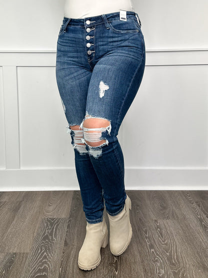 Judy Blue Emerson Distressed High-Rise Button Fly Skinny Dark Wash Jeans