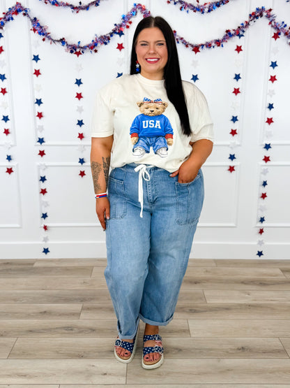 Jeans bleu clair court coupe barrel taille haute Risen Jessie