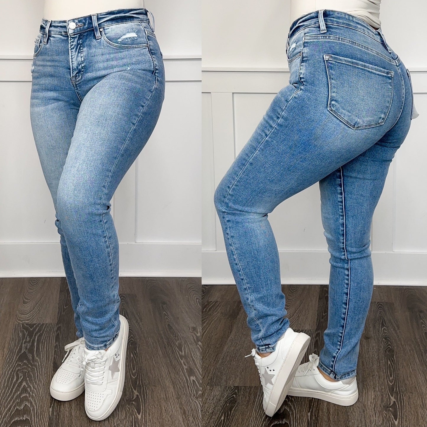 Jean skinny bleu délavé taille haute sculptant à effet vieilli Risen Blaire
