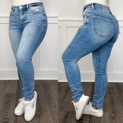 Jean skinny bleu délavé taille haute sculptant à effet vieilli Risen Blaire