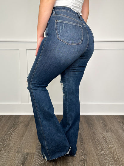 Judy Blue Ellie Tummy Control Distressed High-Rise Raw Hem Flare Dark Wash Jeans