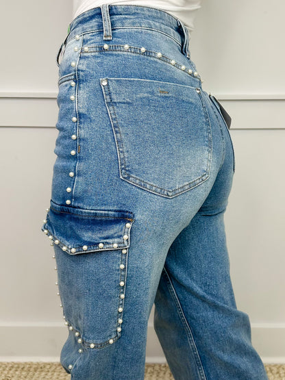 Jean cargo bleu Lauren, coupe large taille haute, délavage médium, perles