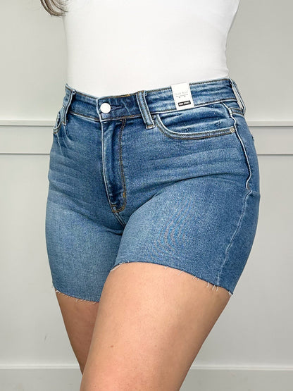 Judy Blue Zoey High-Rise Denim Shorts - Medium Wash (Raw Hem, Non-Distressed)