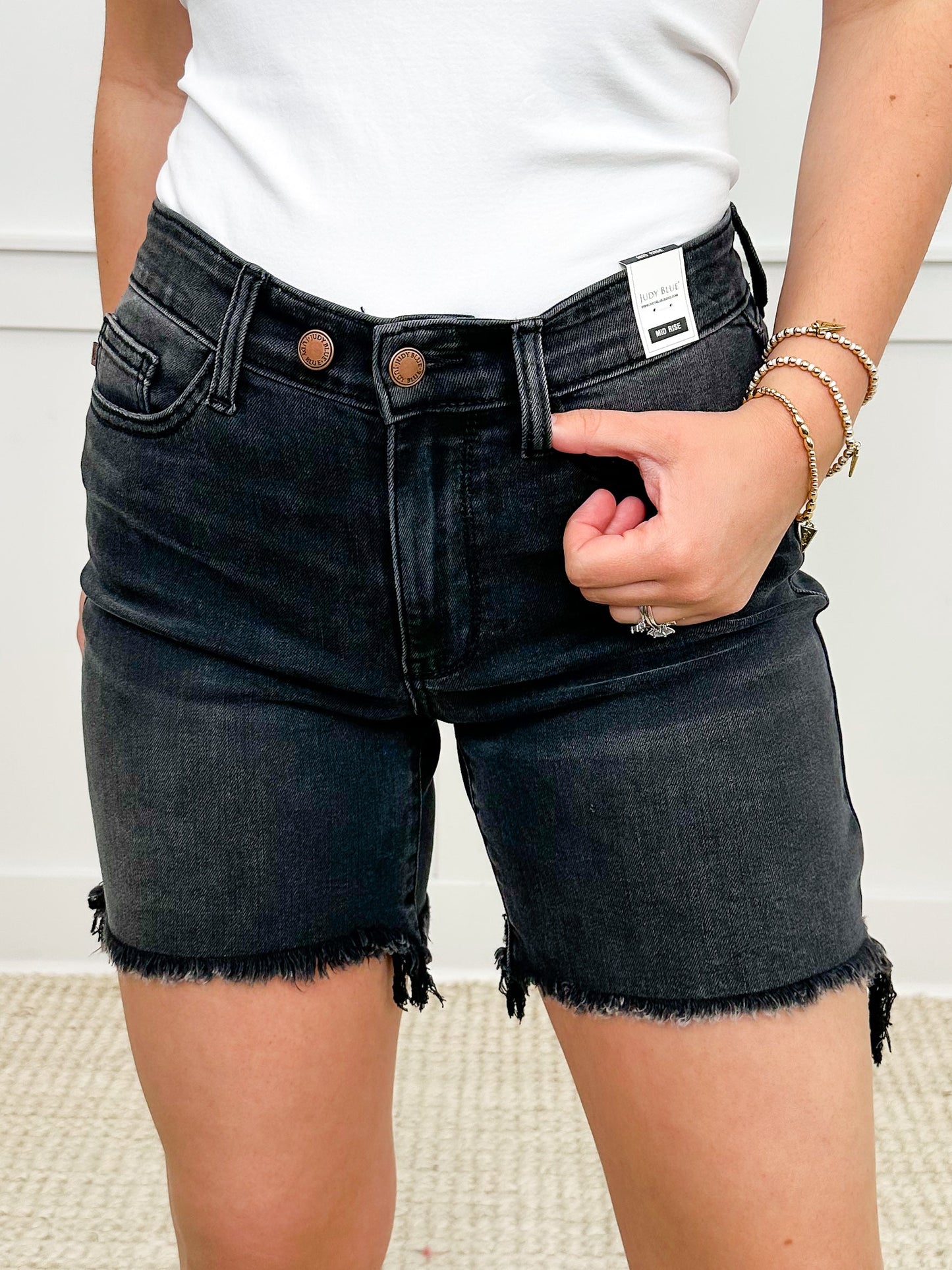 Judy Blue Aly High-Rise Adjustable Double Button Frayed Hem Black Dad Shorts