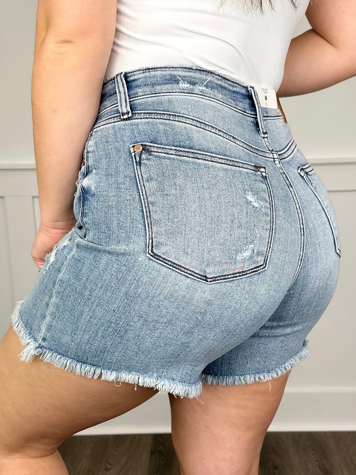 Judy Blue Karsyn Distressed High-Rise Fray Hem Medium Wash Shorts
