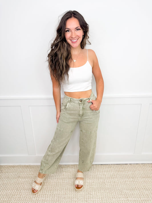 Dare Me High-Rise Cotton Barrel Leg Green Avery Mae Bottoms
